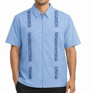 Haband Guayabera Shirt Men Size 3XL Blue Front Zip Short Sleeve 4 Front Pockets